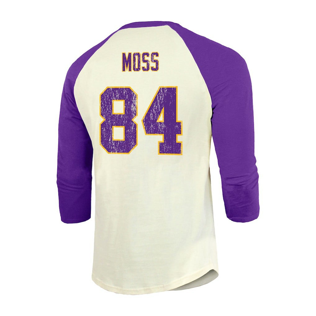 Randy Moss Minnesota Vikings Majestic Threads Retired Player Name & Number 3/4 Raglan Sleeve T-Shirt  Cream/Purple