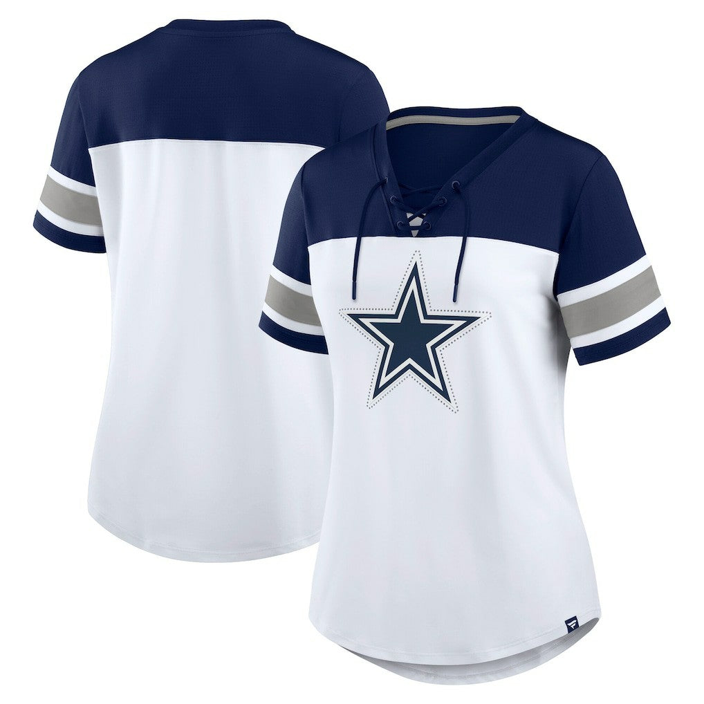 Fanatics Dallas Cowboys Women's Athena Rhinestone Lace-Up V-Neck T-Shirt White/Navy