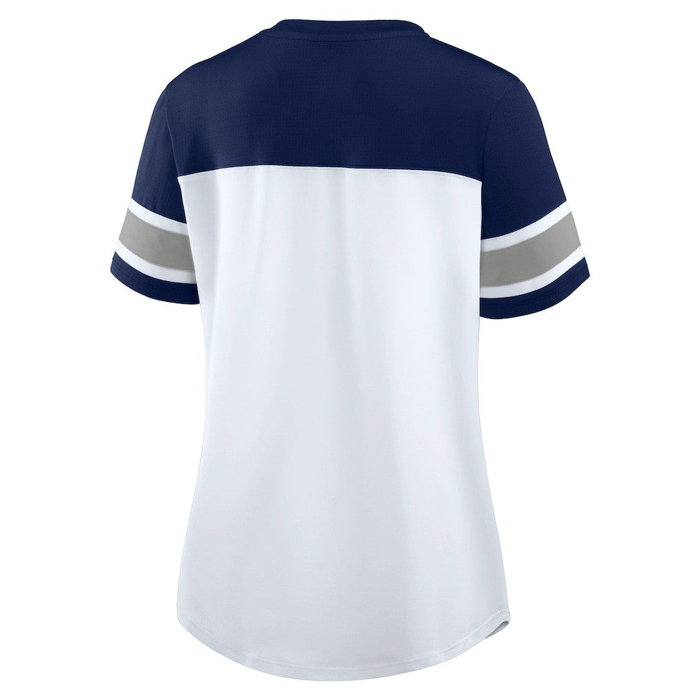 Fanatics Dallas Cowboys Women's Athena Rhinestone Lace-Up V-Neck T-Shirt White/Navy