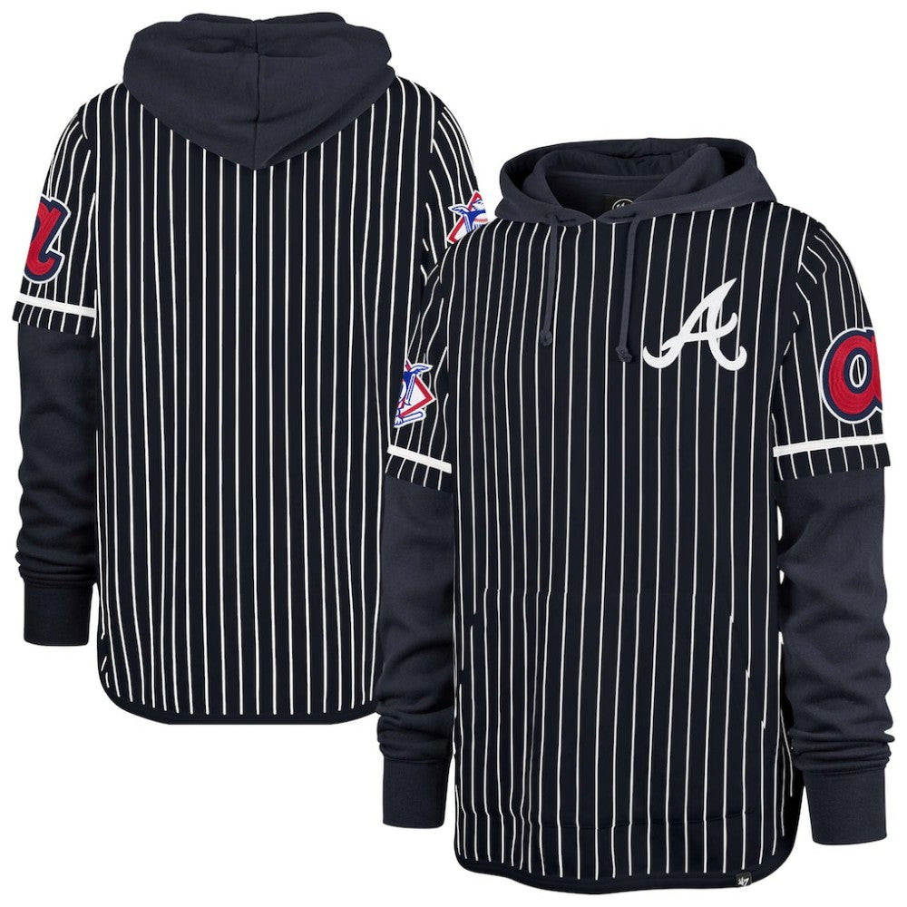 Atlanta Braves '47 Pinstripe Double Header Pullover Hoodie - Navy - 47 brand Lifestyle