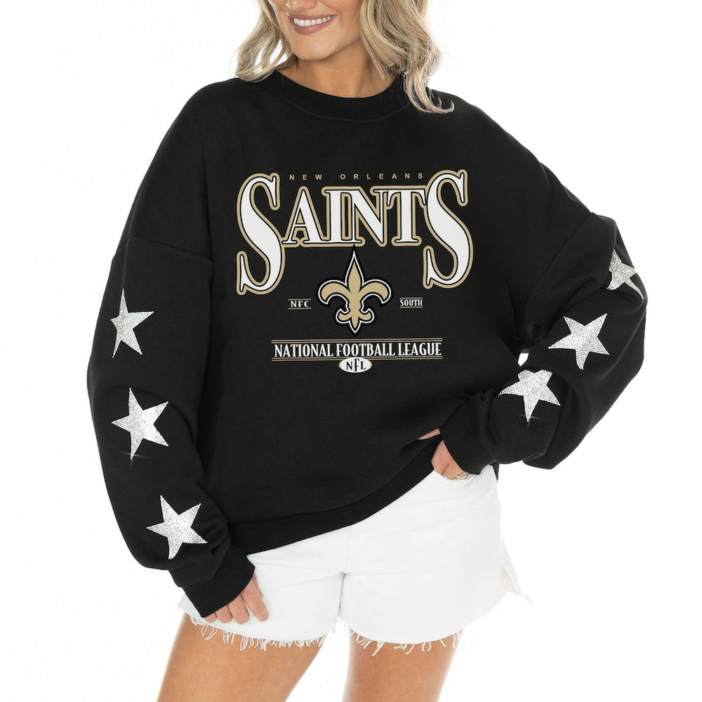 New Orleans Saints Gameday Couture Women's Rhinestone Star Sleeve Settle the Score Oversized Tri-Blend Pullover Black
