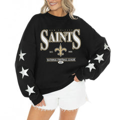 New Orleans Saints Gameday Couture Women's Rhinestone Star Sleeve Settle the Score Oversized Tri-Blend Pullover Black