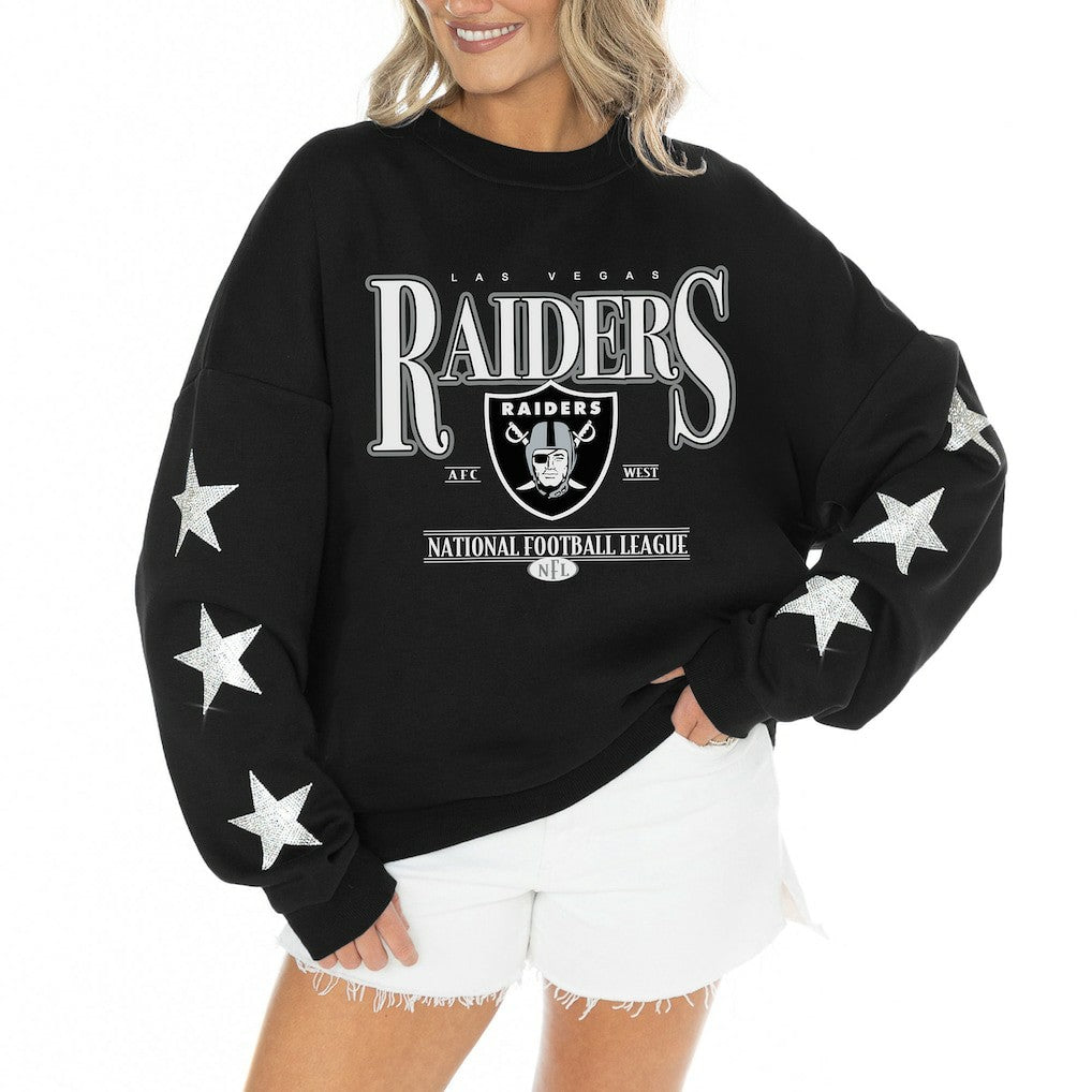 Las Vegas Raiders Gameday Couture Women's Rhinestone Star Sleeve Settle the Score Oversized Tri-Blend Pullover Black