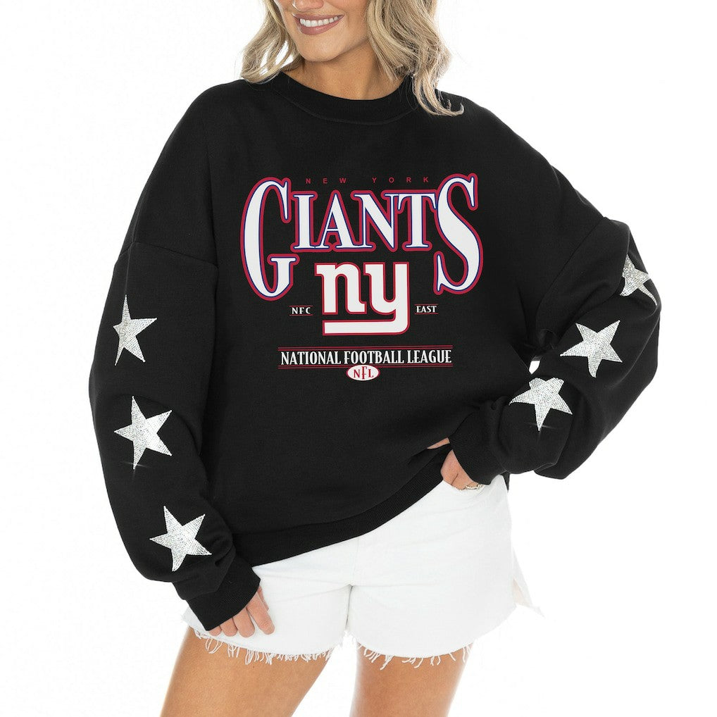 New York Giants Gameday Couture Women's Rhinestone Star Sleeve Settle the Score Oversized Tri-Blend Pullover Black