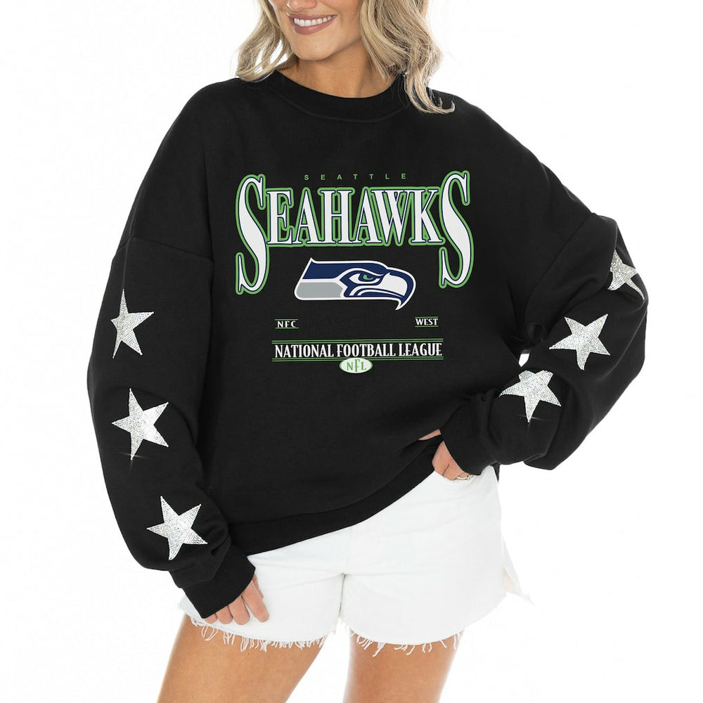 Seattle Seahawks Gameday Couture Women's Rhinestone Star Sleeve Settle the Score Oversized Tri-Blend Pullover Black