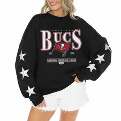 Tampa Bay Buccaneers Gameday Couture Women's Rhinestone Star Sleeve Settle the Score Oversized Tri-Blend Pullover Black