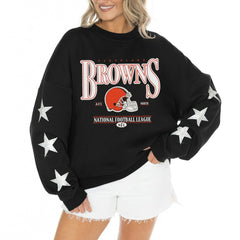 Cleveland Browns Gameday Couture Women's Rhinestone Star Sleeve Settle the Score Oversized Tri-Blend Pullover Black
