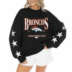 Denver Broncos Gameday Couture Women's Rhinestone Star Sleeve Settle the Score Oversized Tri-Blend Pullover Black
