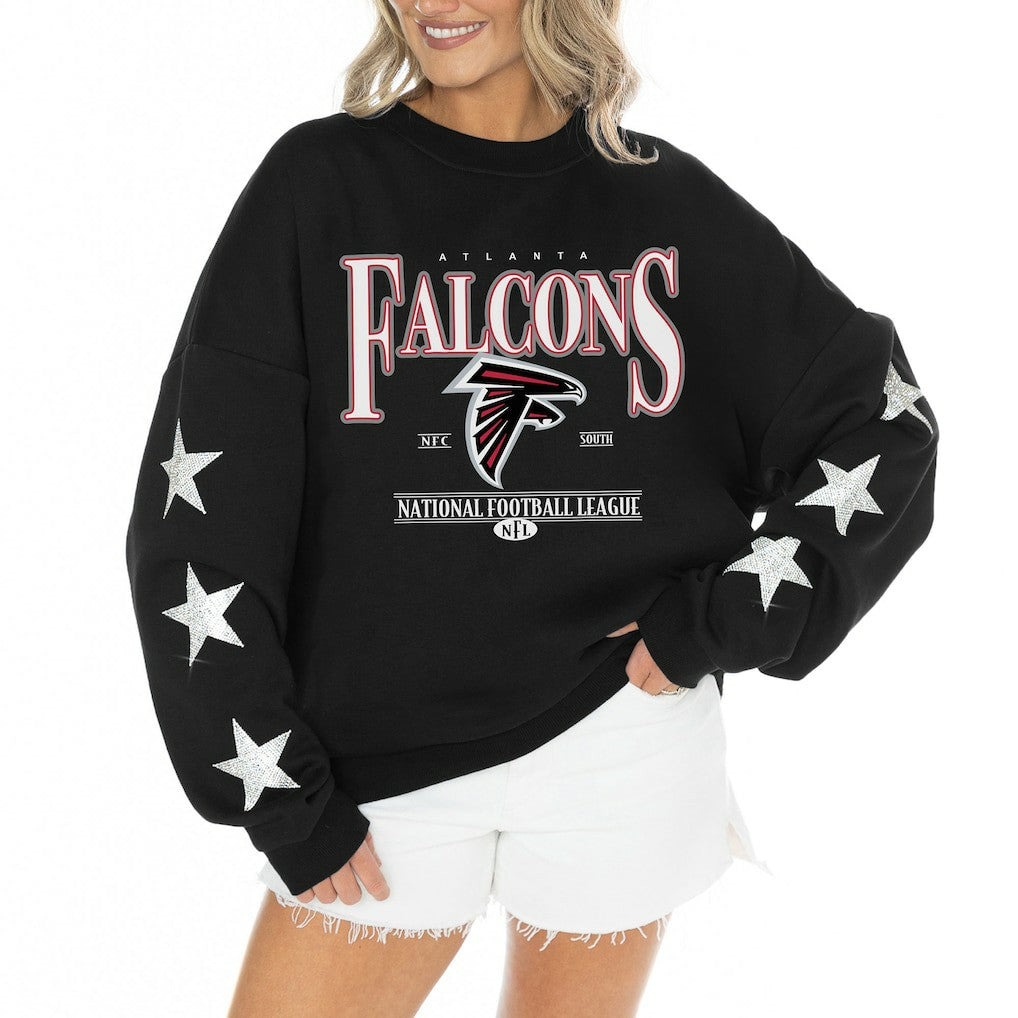 Atlanta Falcons Gameday Couture Women's Rhinestone Star Sleeve Settle the Score Oversized Tri-Blend Pullover Black