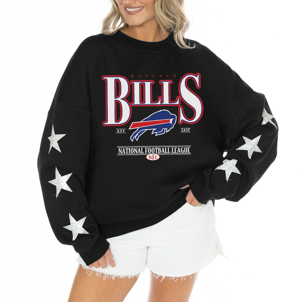 Buffalo Bills Gameday Couture Women's Rhinestone Star Sleeve Settle the Score Oversized Tri-Blend Pullover Black