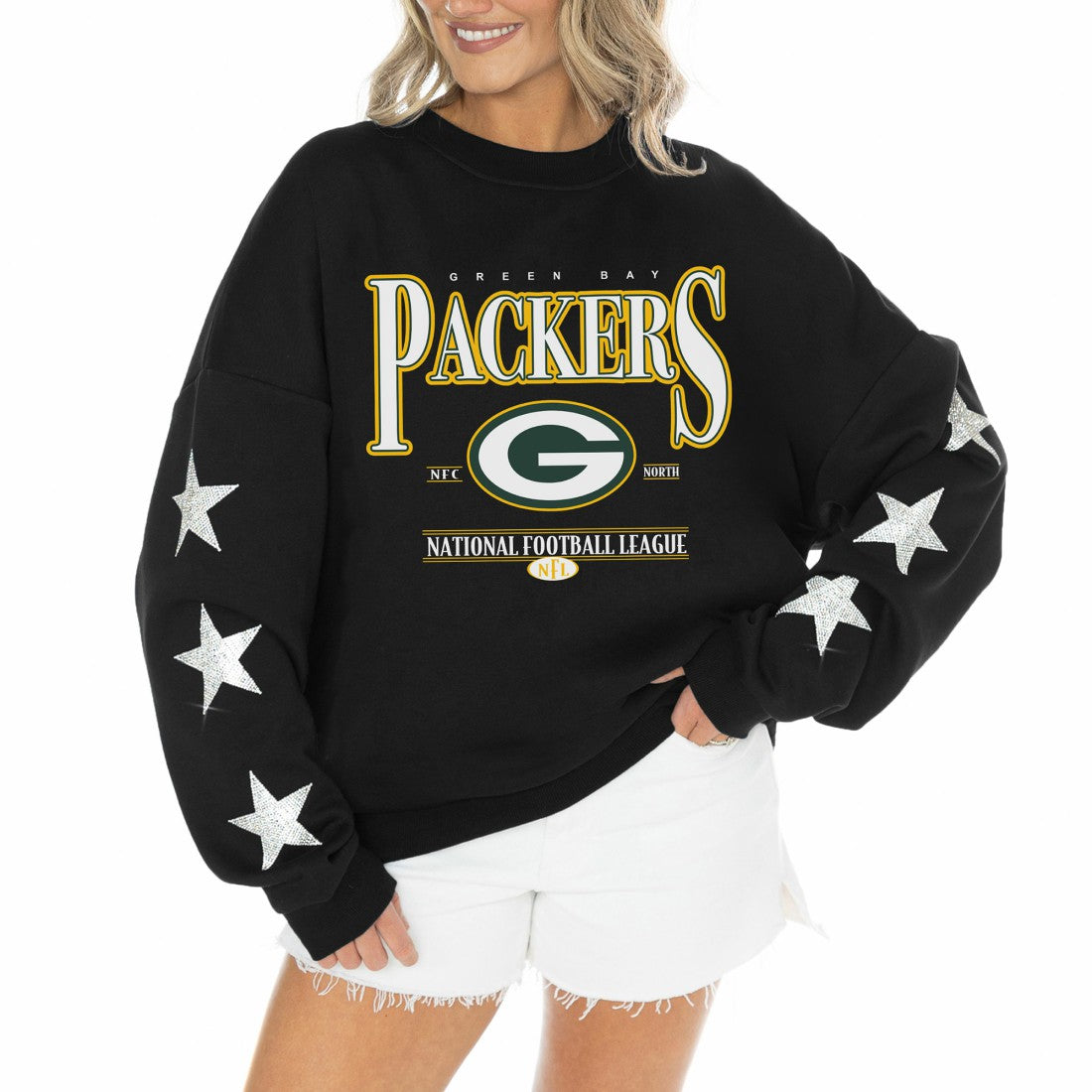 Green Bay Packers Gameday Couture Women's Rhinestone Star Sleeve Settle the Score Oversized Tri-Blend Pullover Black