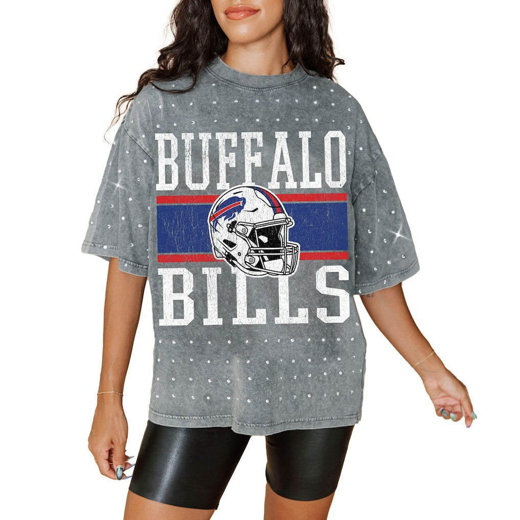 Buffalo Bills Gameday Couture Women's Oversized Mini Rhinestone Classic T-Shirt Gray