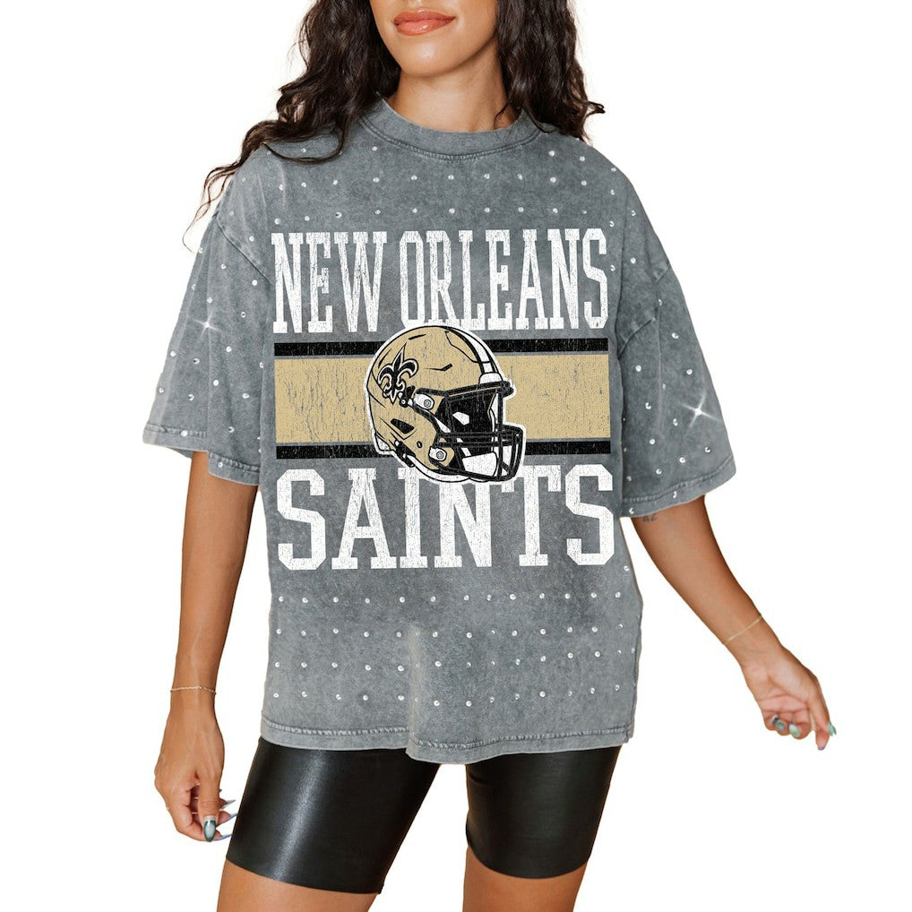 New Orleans Saints Gameday Couture Women's Oversized Mini Rhinestone Classic T-Shirt Gray