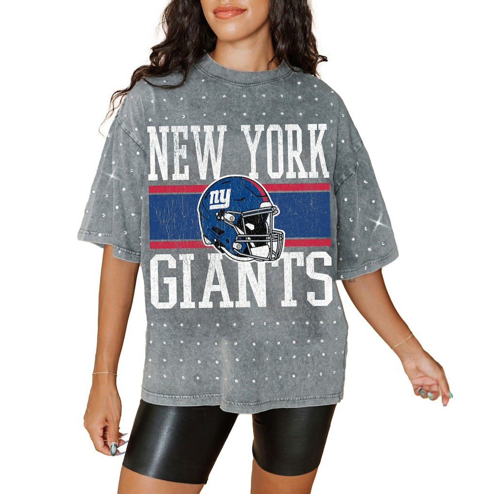 New York Giants Gameday Couture Women's Oversized Mini Rhinestone Classic T-Shirt Gray