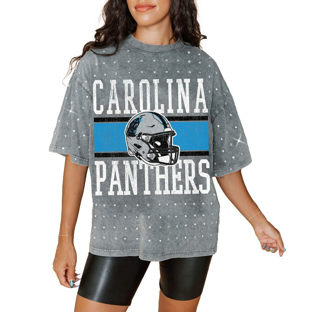 Carolina Panthers Gameday Couture Women's Oversized Mini Rhinestone Classic T-Shirt Gray
