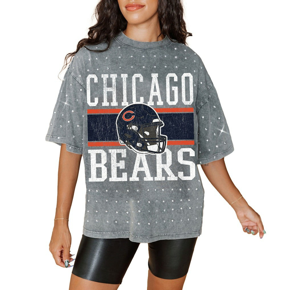 Chicago Bears Gameday Couture Women's Oversized Mini Rhinestone Classic T-Shirt Gray
