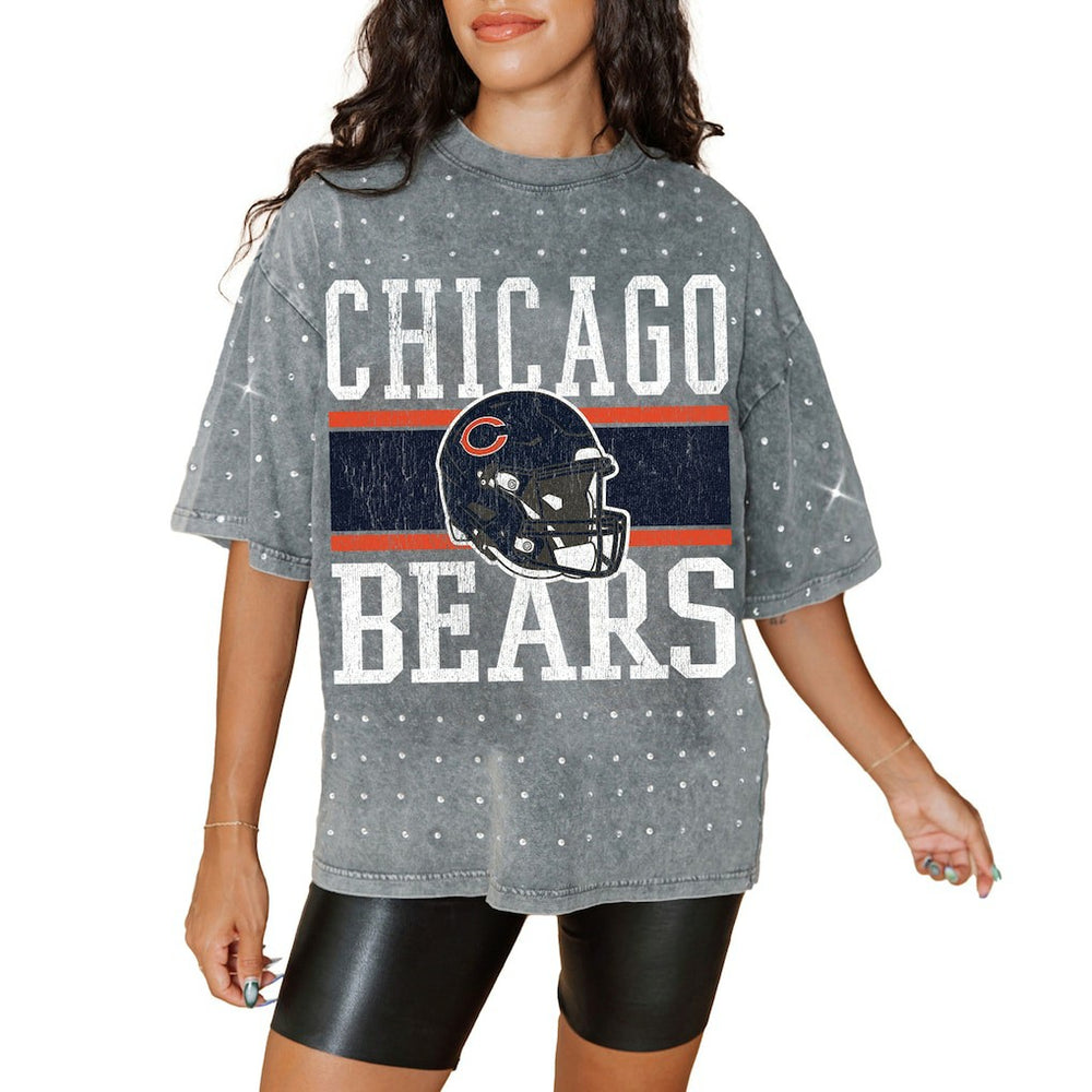 Chicago Bears Gameday Couture Women's Oversized Mini Rhinestone Classic T-Shirt Gray