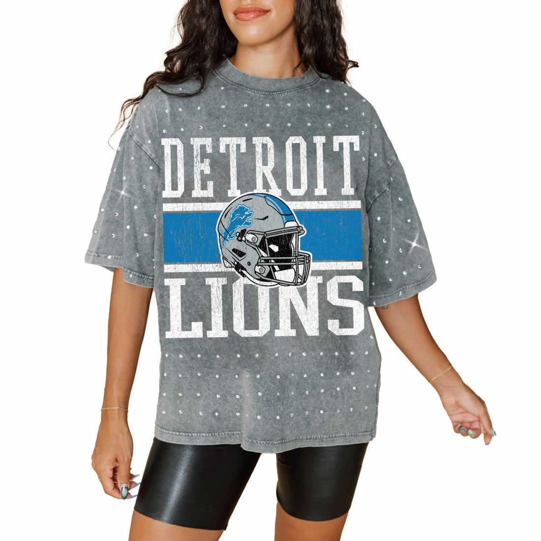 Detroit Lions Gameday Couture Women's Oversized Mini Rhinestone Classic T-Shirt Gray
