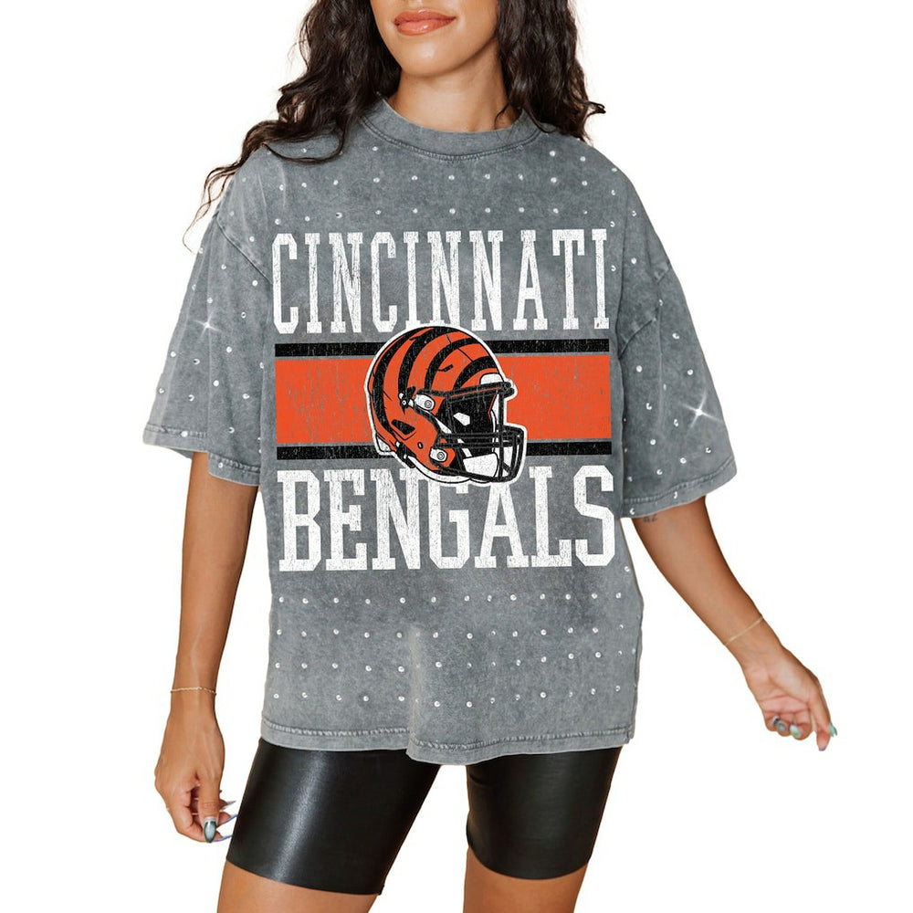 Cincinnati Bengals Gameday Couture Women's Oversized Mini Rhinestone Classic T-Shirt Gray