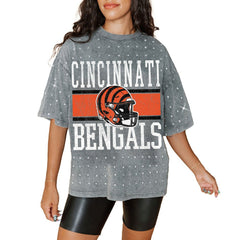 Cincinnati Bengals Gameday Couture Women's Oversized Mini Rhinestone Classic T-Shirt Gray