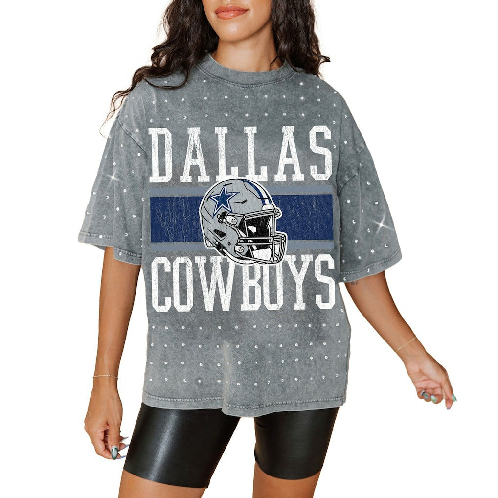 Dallas Cowboys Gameday Couture Women's Oversized Mini Rhinestone Classic T-Shirt Gray