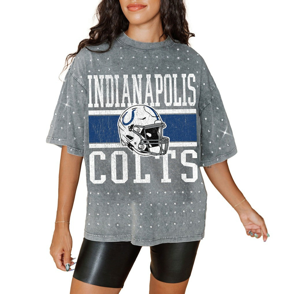Indianapolis Colts Gameday Couture Women's Oversized Mini Rhinestone Classic T-Shirt Gray
