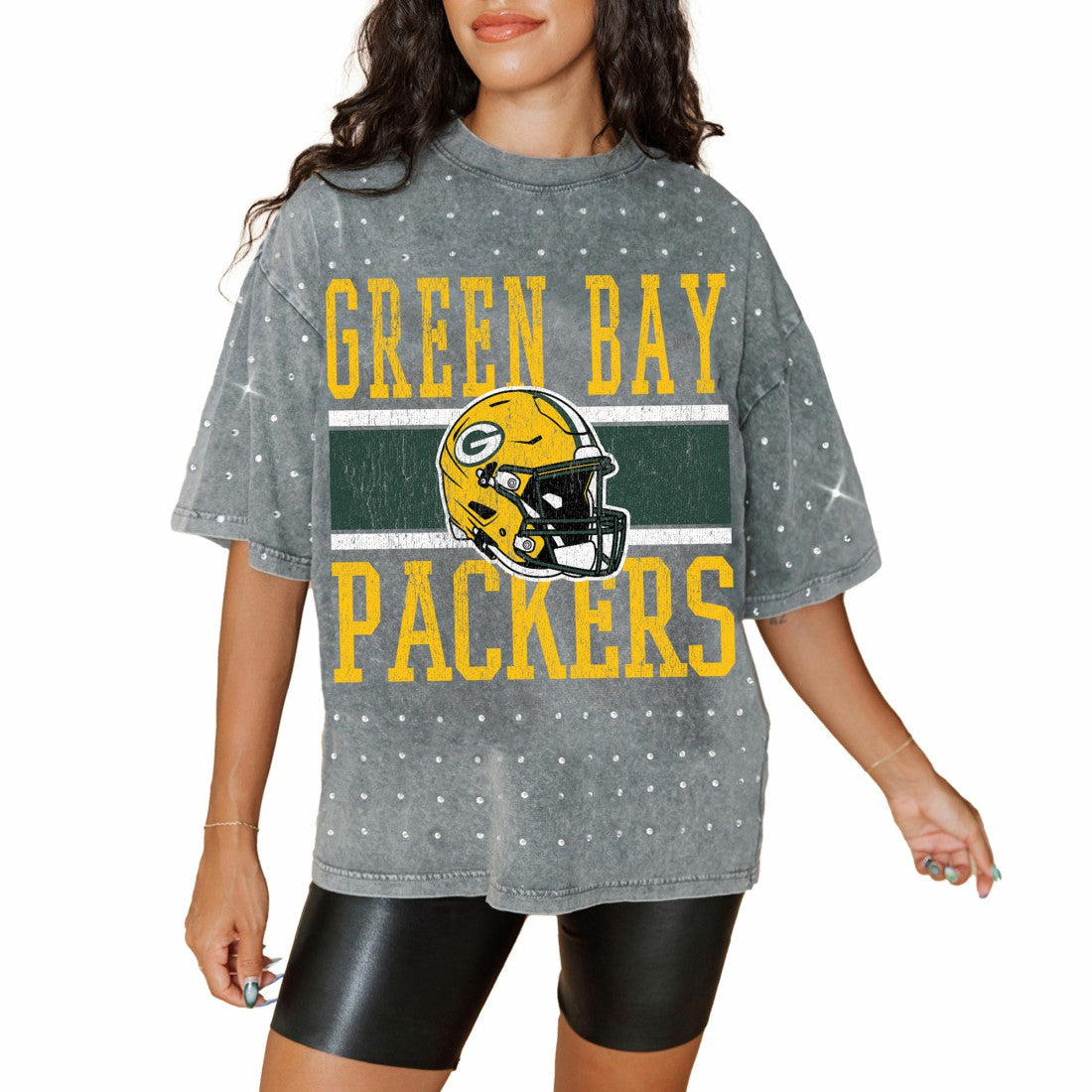 Green Bay Packers Gameday Couture Women's Oversized Mini Rhinestone Classic T-Shirt Gray