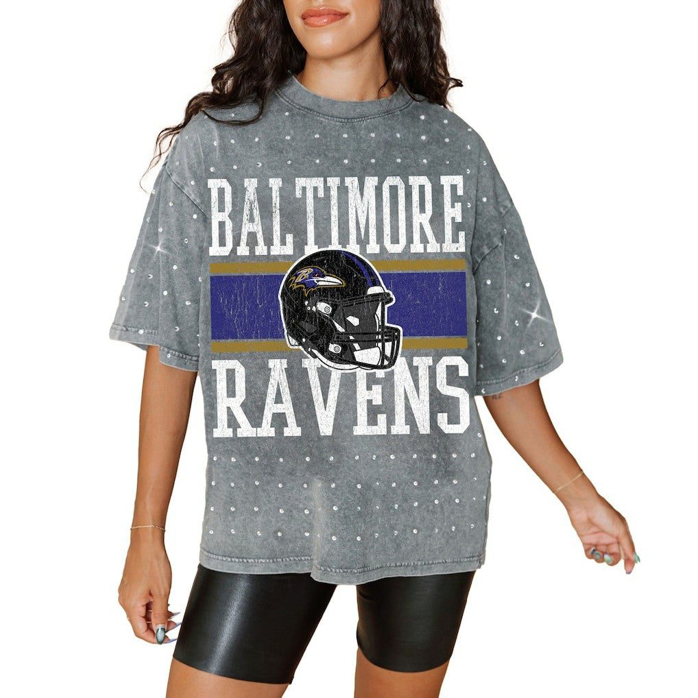 Baltimore Ravens Gameday Couture Women's Oversized Mini Rhinestone Classic T-Shirt Gray