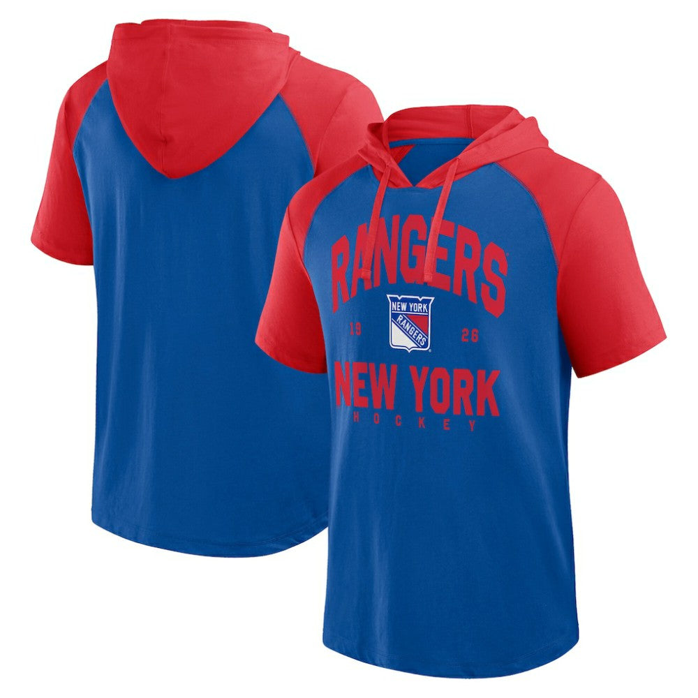 New York Rangers Logo Athletic Prime Raglan Short Sleeve Pullover Hoodie - Blue - NHL 202179704