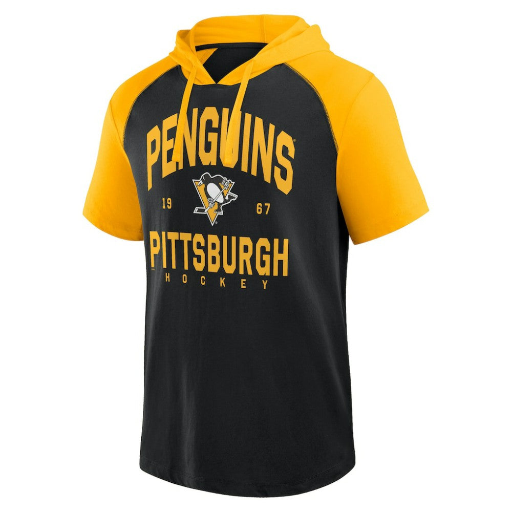 Pittsburgh Penguins Logo Athletic Prime Raglan Short Sleeve Pullover Hoodie - Black - NHL 202179727