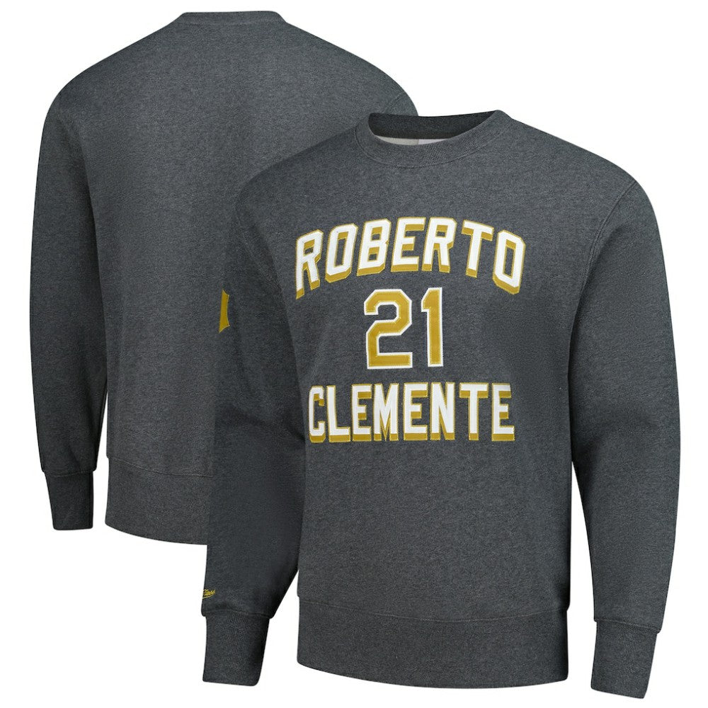 Roberto Clemente Pittsburgh Pirates Mitchell & Ness Legends Collection Vintage Logo Name & Number Fleece Pullover Sweatshirt - Heather Charcoal - Mitchell & Ness Online