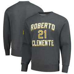 Roberto Clemente Pittsburgh Pirates Mitchell & Ness Legends Collection Vintage Logo Name & Number Fleece Pullover Sweatshirt - Heather Charcoal - Mitchell & Ness Online