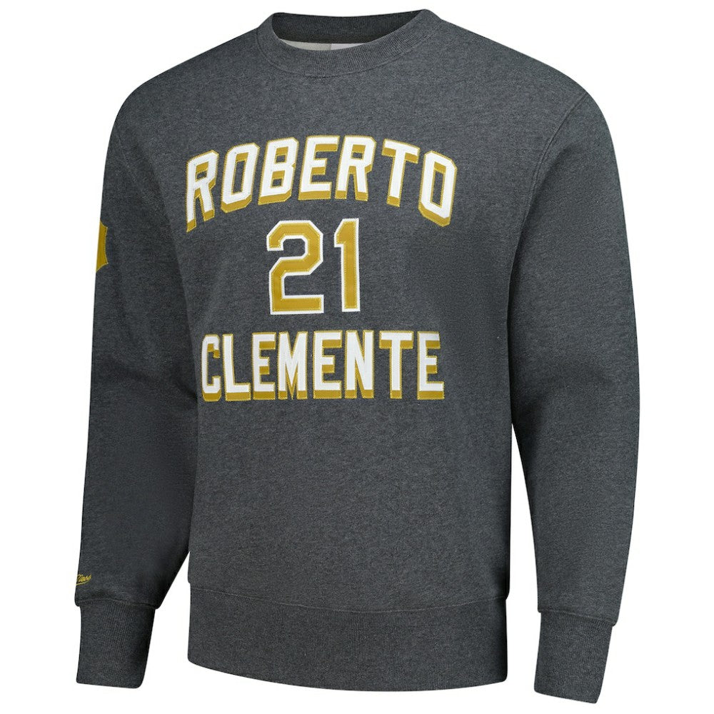 Roberto Clemente Pittsburgh Pirates Mitchell & Ness Legends Collection Vintage Logo Name & Number Fleece Pullover Sweatshirt - Heather Charcoal - Mitchell & Ness Online