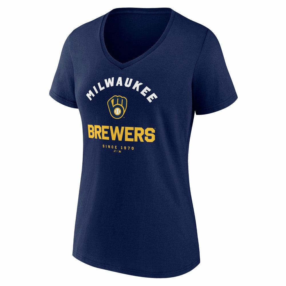 Milwaukee Brewers Logo Athletic Women's Unrivaled V-Neck T-Shirt - Navy - MLB Lifestyle