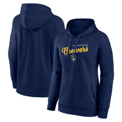 Milwaukee Brewers Logo Athletic Women's Logo Triumphant V-Neck Pullover Hoodie - Navy - MLB on Sale