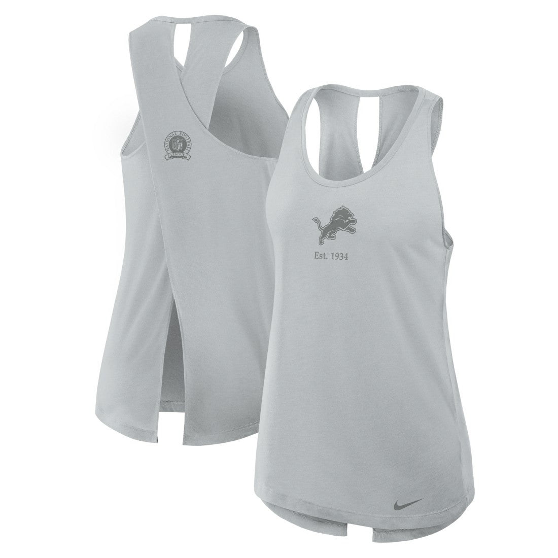 Nike Detroit Lions Women's Glory Open-Back Crisscross Dri-FIT Tank Top Gray