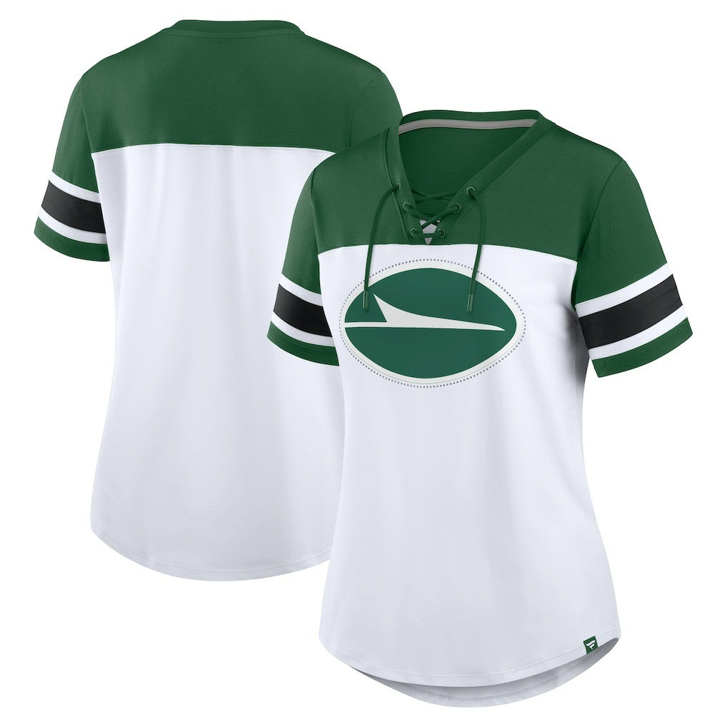 Fanatics New York Jets Women's Athena Rhinestone Lace-Up V-Neck T-Shirt White/Green