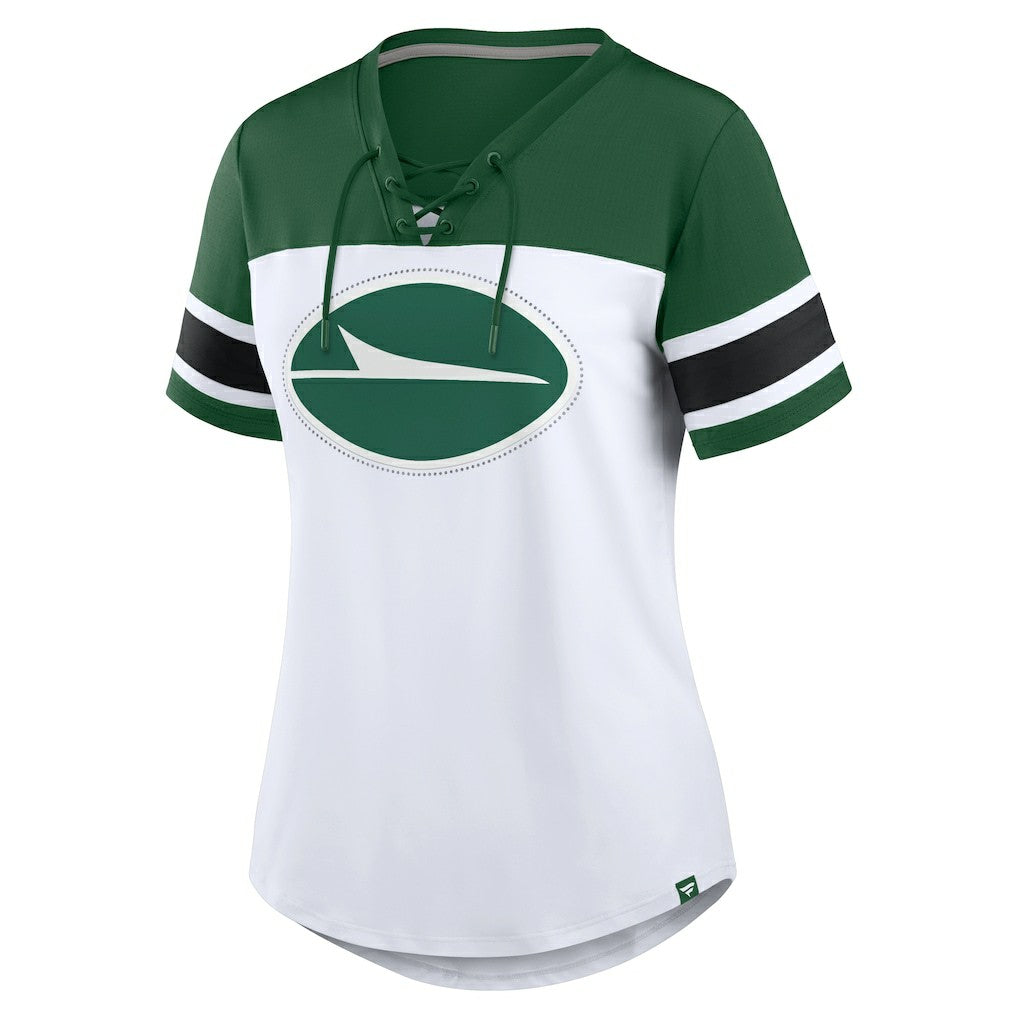 Fanatics New York Jets Women's Athena Rhinestone Lace-Up V-Neck T-Shirt White/Green