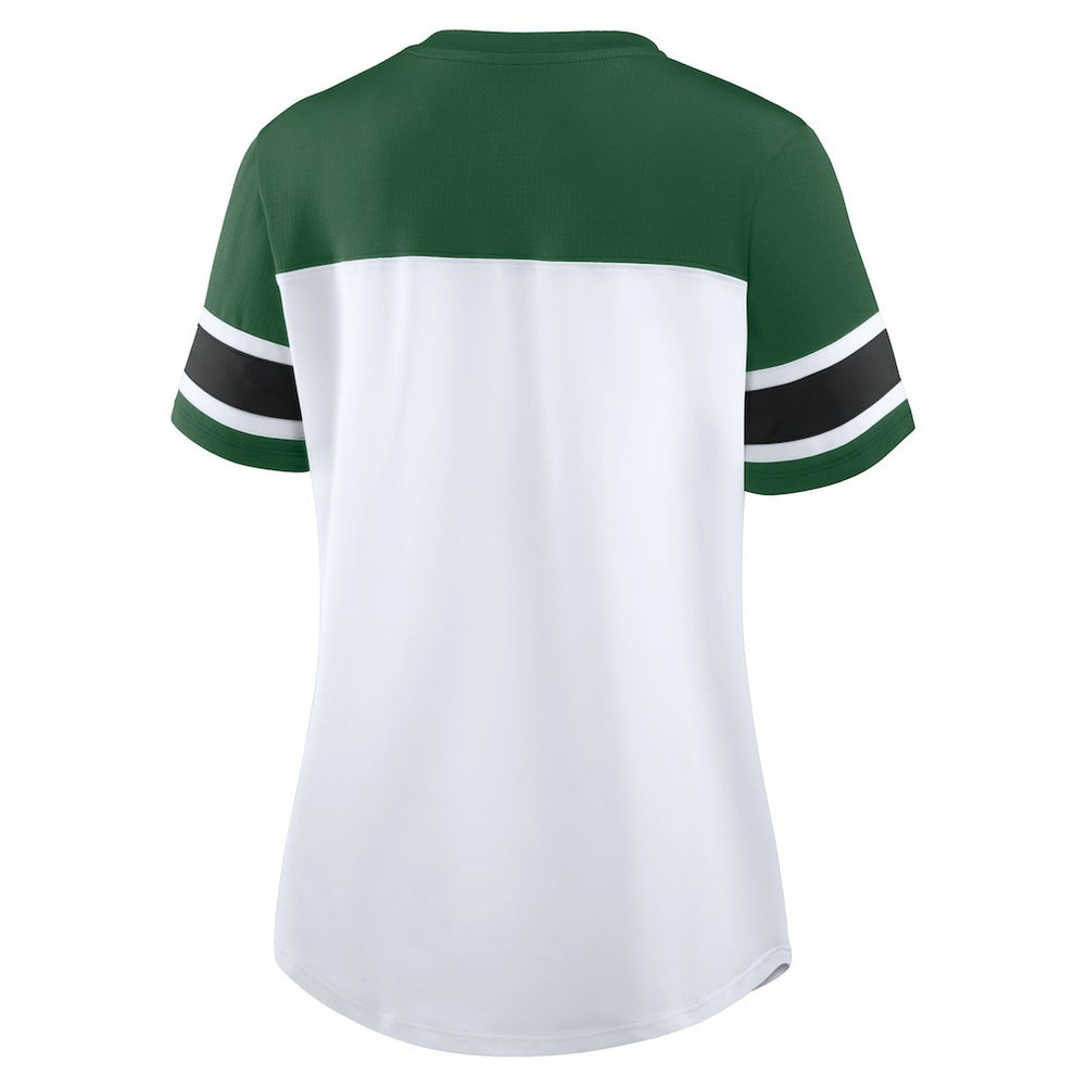 Fanatics New York Jets Women's Athena Rhinestone Lace-Up V-Neck T-Shirt White/Green