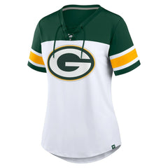 Fanatics Green Bay Packers Women's Athena Rhinestone Lace-Up V-Neck T-Shirt White/Green