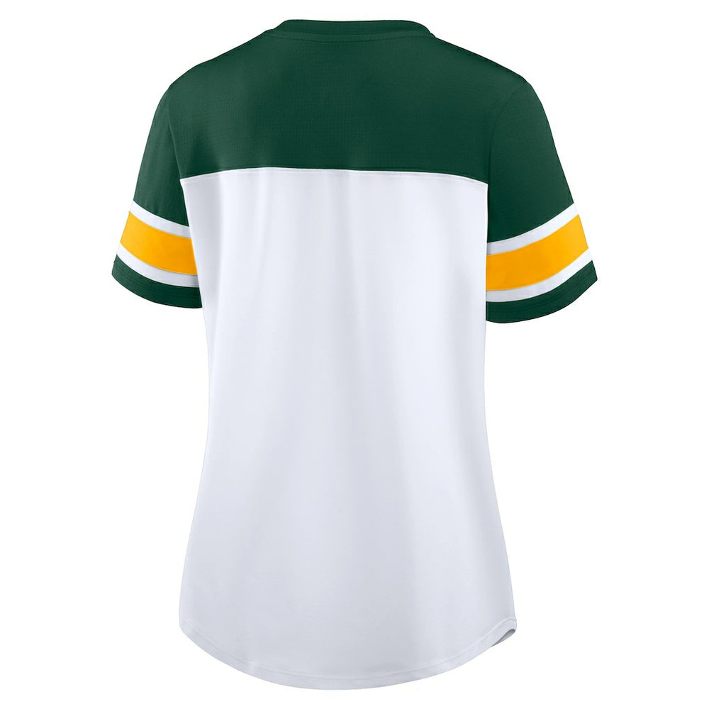 Fanatics Green Bay Packers Women's Athena Rhinestone Lace-Up V-Neck T-Shirt White/Green
