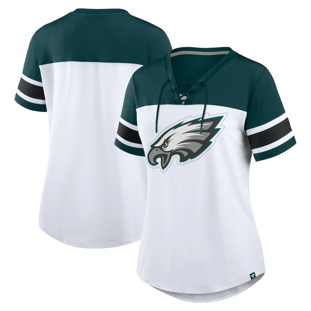 Fanatics Philadelphia Eagles Women's Athena Rhinestone Lace-Up V-Neck T-Shirt White/Midnight Green