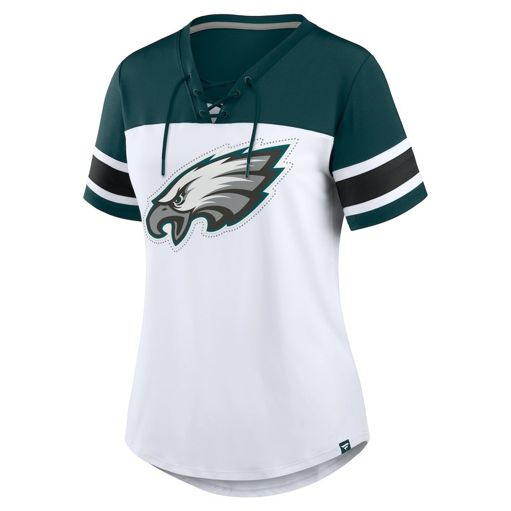 Fanatics Philadelphia Eagles Women's Athena Rhinestone Lace-Up V-Neck T-Shirt White/Midnight Green