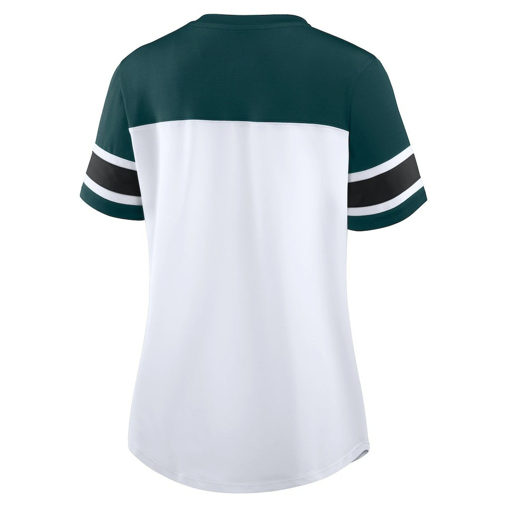 Fanatics Philadelphia Eagles Women's Athena Rhinestone Lace-Up V-Neck T-Shirt White/Midnight Green