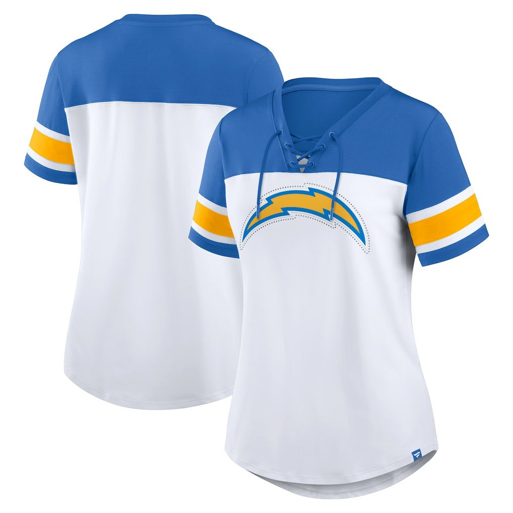 Fanatics Los Angeles Chargers Women's Athena Rhinestone Lace-Up V-Neck T-Shirt White/Powder Blue