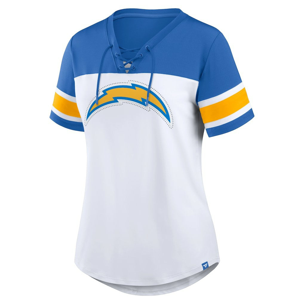 Fanatics Los Angeles Chargers Women's Athena Rhinestone Lace-Up V-Neck T-Shirt White/Powder Blue