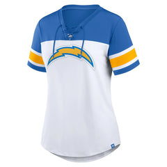 Fanatics Los Angeles Chargers Women's Athena Rhinestone Lace-Up V-Neck T-Shirt White/Powder Blue