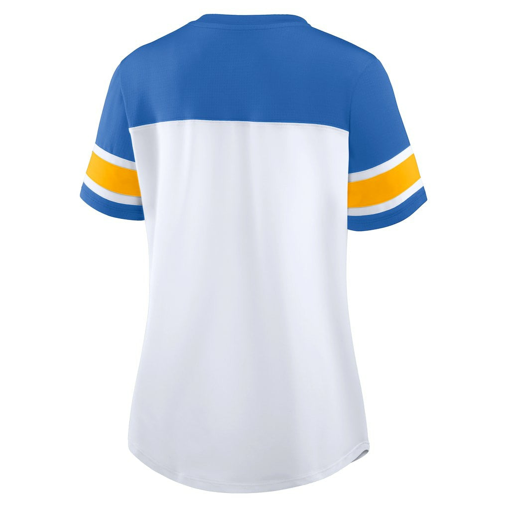 Fanatics Los Angeles Chargers Women's Athena Rhinestone Lace-Up V-Neck T-Shirt White/Powder Blue