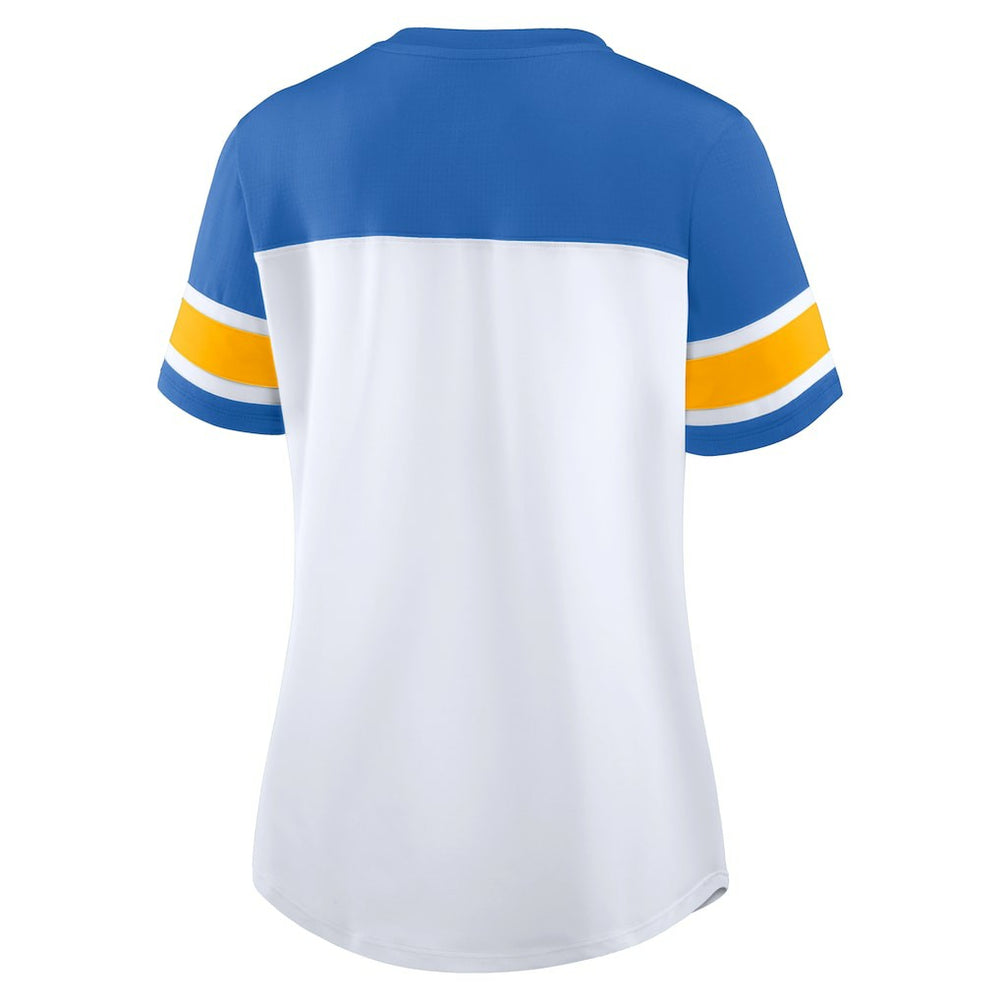 Fanatics Los Angeles Chargers Women's Athena Rhinestone Lace-Up V-Neck T-Shirt White/Powder Blue