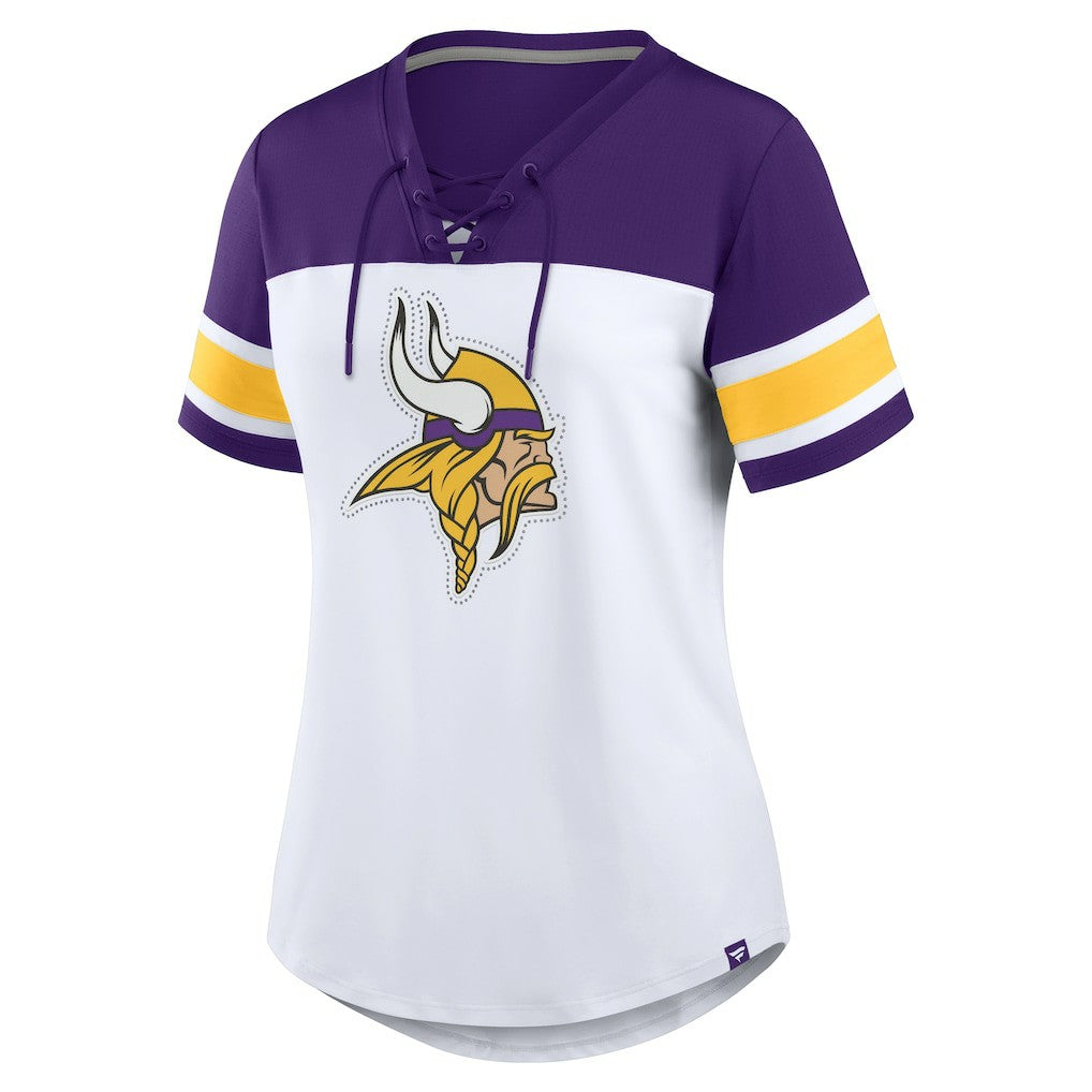 Fanatics Minnesota Vikings Women's Athena Rhinestone Lace-Up V-Neck T-Shirt White/Purple